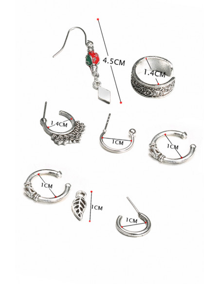 Set cercei si ear cuff cu medalion rotund si romb, frunzulita si inel
