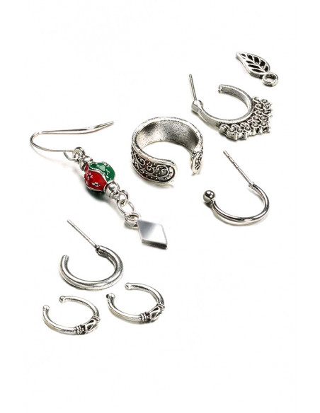 Set cercei si ear cuff cu medalion rotund si romb, frunzulita si inel