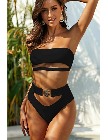 Costum de baie doua piese, elegant, curea lata cu catarama aurie