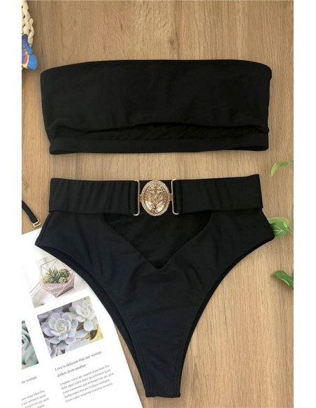 Costum de baie doua piese, elegant, curea lata cu catarama aurie