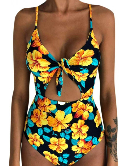 Costum de baie intreg, decupat pe abdomen, sutien cu fundita
