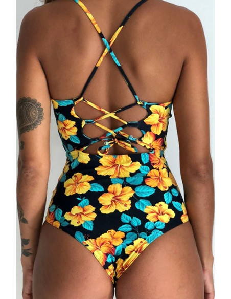 Costum de baie intreg, decupat pe abdomen, sutien cu fundita
