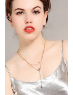 Colier multilayer dublu, 2 medalione cu cristale si lantisoare cu bilute