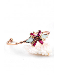 Bratara vintage eleganta, tip cuff, floare cu cristale crem si roz 2