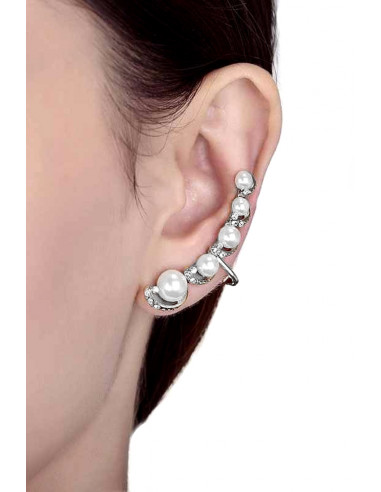Cercel tip ear cuff, model cu cinci perle si cristale mici