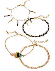 Set 4 bratari aurii de glezna, cu pestisor colorat, snur impletit si cristale 2