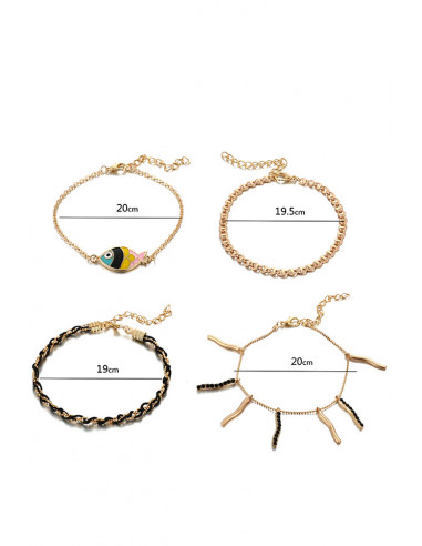 Set 4 bratari aurii de glezna, cu pestisor colorat, snur impletit si cristale