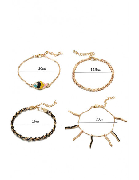 Set 4 bratari aurii de glezna, cu pestisor colorat, snur impletit si cristale