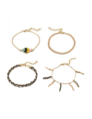 Set 4 bratari aurii de glezna, cu pestisor colorat, snur impletit si cristale