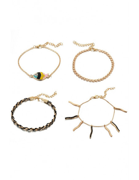 Set 4 bratari aurii de glezna, cu pestisor colorat, snur impletit si cristale