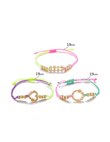 Set 3 bratari multicolore, cu snururi colorate, inimioara, flori si cristale
