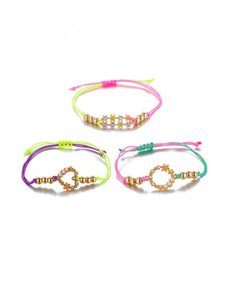 Set 3 bratari multicolore, cu snururi colorate, inimioara, flori si cristale