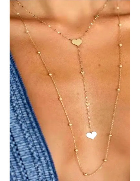 Colier minimal multilayer cu 2 lantisoare subtiri, inimioare, banuti si margelute