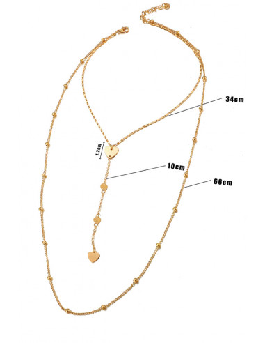 Colier minimal multilayer cu 2 lantisoare subtiri, inimioare, banuti si margelute