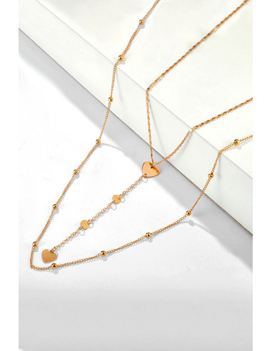 Colier minimal multilayer cu 2 lantisoare subtiri, inimioare, banuti si margelute