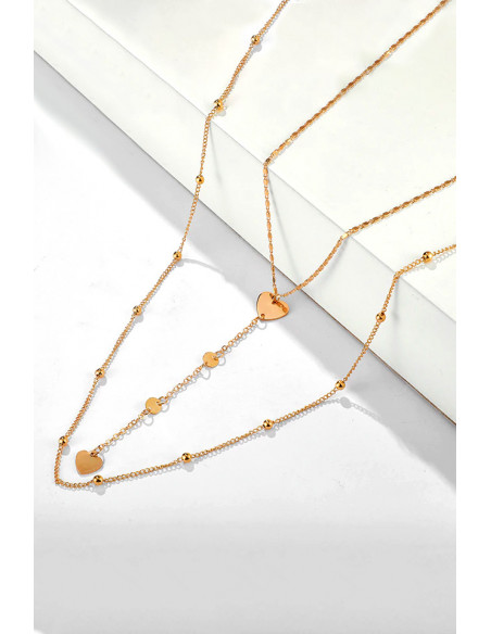 Colier minimal multilayer cu 2 lantisoare subtiri, inimioare, banuti si margelute