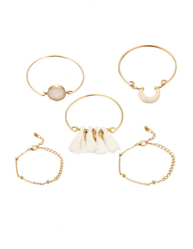 Set 5 bratari elegante, medalion rotund, canafi, lantisoare si colt alb