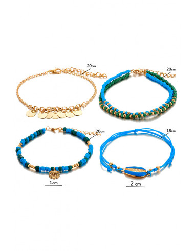 Set 4 bratari pentru glezna, scoici pictate, margelute, banuti