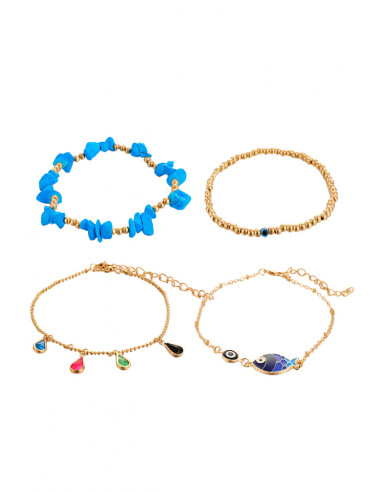 Set 4 bratari pentru glezna, pestisor pictat, cristale colorate, margelute si pietricele