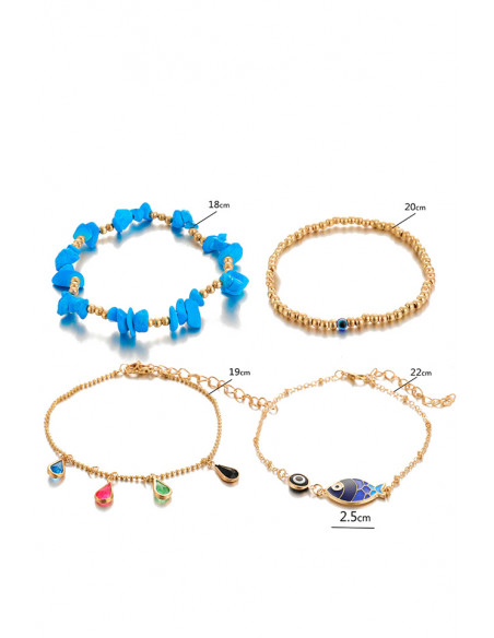 Set 4 bratari pentru glezna, pestisor pictat, cristale colorate, margelute si pietricele