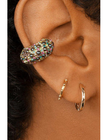Cercel ear cuff, coronita masiva cu cristale si perlute colorate