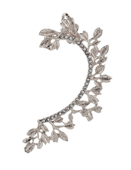 Cercel ear cuff elegant, ramura cu frunze si cristale albe mici rotunde