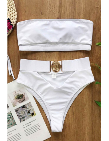 Costum de baie doua piese, elegant, curea lata cu catarama aurie