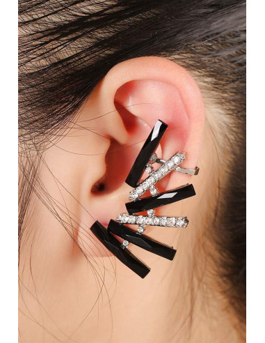 Cercel ear cuff elegant, baghete de cristal negru si albe rotunde