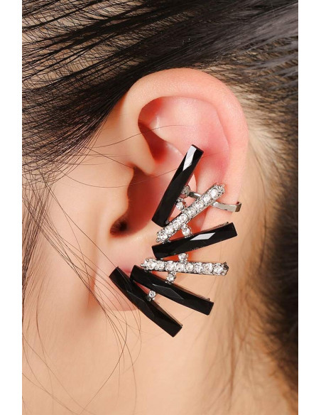 Cercel ear cuff elegant, baghete de cristal negru si albe rotunde