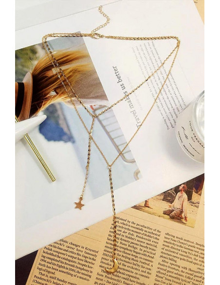Colier minimal multilayer dublu, steluta si semiluna pe lantisoare subtiri