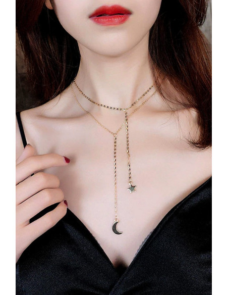 Colier minimal multilayer dublu, steluta si semiluna pe lantisoare subtiri