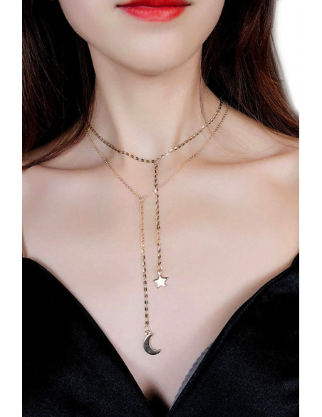 Colier minimal multilayer dublu, steluta si semiluna pe lantisoare subtiri
