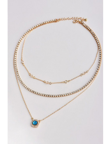Colier multilayer triplu, medalion patrat, cristal oval si lanturi cu cristale