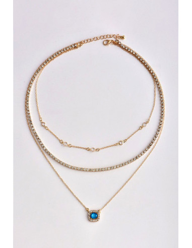 Colier multilayer triplu, medalion patrat, cristal oval si lanturi cu cristale