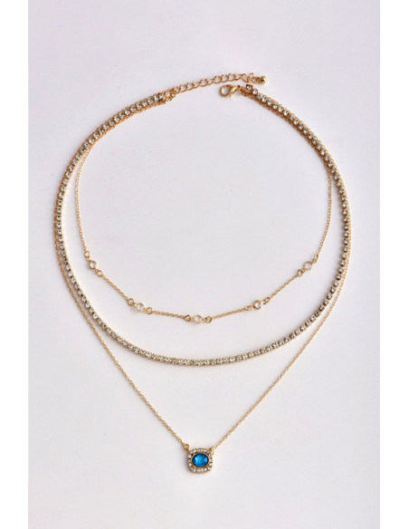 Colier multilayer triplu, medalion patrat, cristal oval si lanturi cu cristale