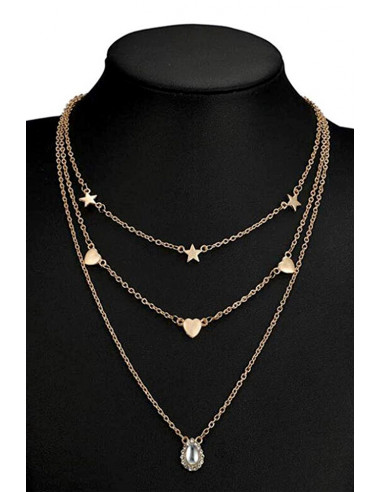 Colier multilayer triplu, medalion picatura cu cristale, stelute si inimioare