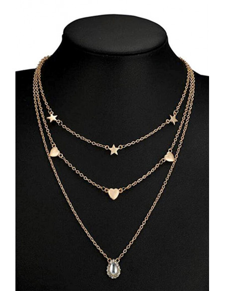 Colier multilayer triplu, medalion picatura cu cristale, stelute si inimioare