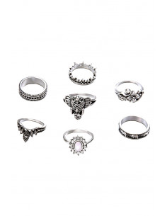 Set 7 inele boho cu elefanti, cristale, flori si coronite 2