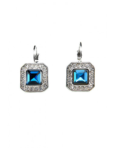 Cercei eleganti, cristal patrat albastru si bordura de cristale mici