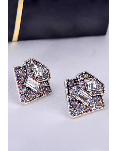 Cercei art deco geometrici, triunghi si romb suprapuse, cu cristale