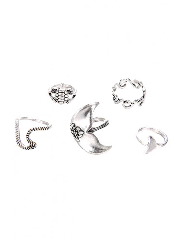 Set 5 inele boho cu coada de delfin, valuri si broscuta testoasa