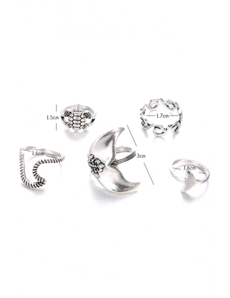 Set 5 inele boho cu coada de delfin, valuri si broscuta testoasa