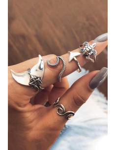 Set 5 inele boho cu coada de delfin, valuri si broscuta testoasa