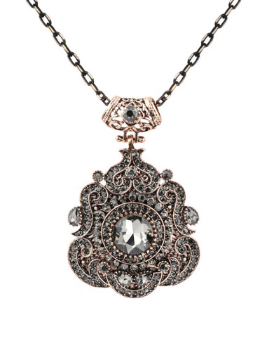 Colier vintage glam, medalion floral rotund, cu cristale fumurii