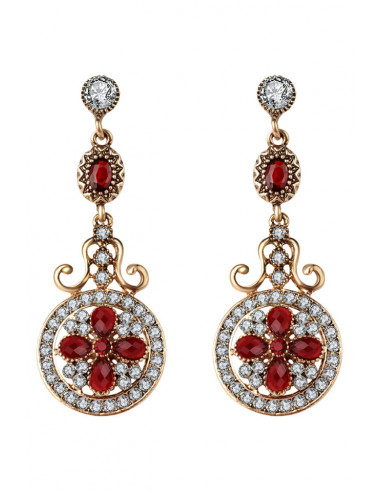 Cercei eleganti vintage, lungi, medalioane rotunde cu cristale rosii si albe
