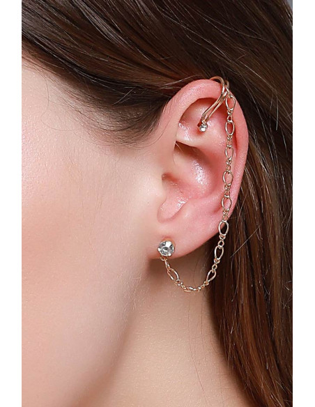 Cercel ear cuff minimal, cuff cu cristal, lantisor si prindere dubla