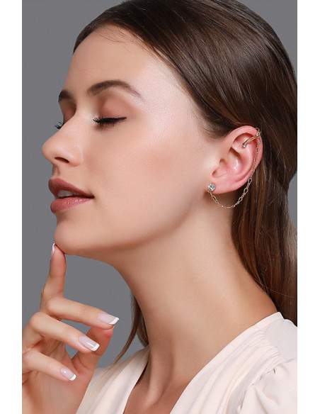 Cercel ear cuff minimal, cuff cu cristal, lantisor si prindere dubla
