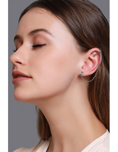 Cercel ear cuff minimal, cuff cu cristal, lantisor si prindere dubla