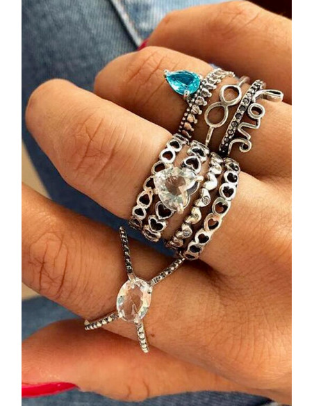 Set 8 inele boho, modele cu inimioare, Love, infinit si cristale