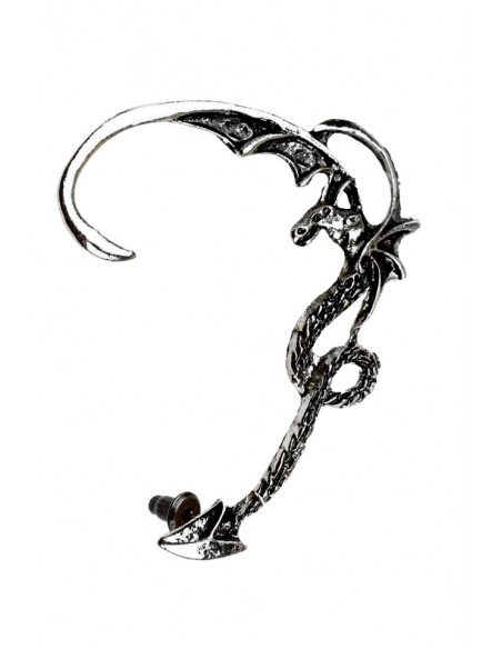 Cercel tip ear cuff, model cu dragon cu aripi incovoiate pe toata urechea, prindere in ureche
